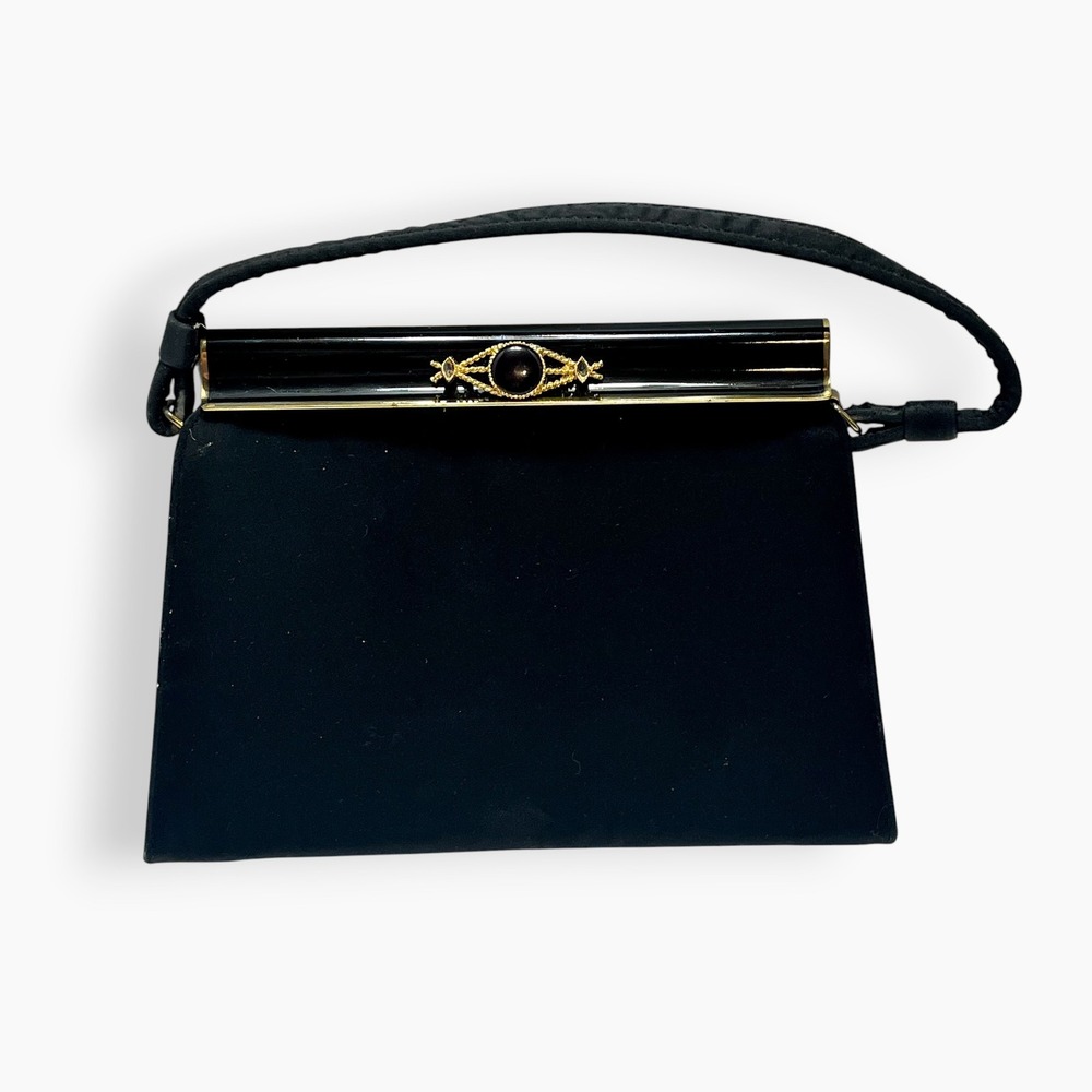 Vintage After Five Black Fabric Evening Handbag Gold Tone Clasp USA Clutch